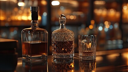 An elegant whiskey display featuring an assortment of bottles and unique glassware, ready for toasting.