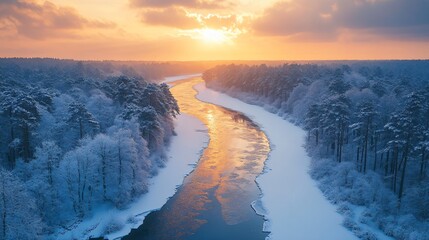 aerial view of winter river and forest at sunset