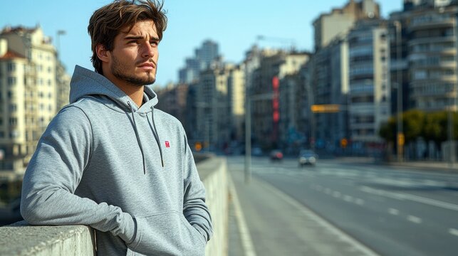 Young Hispanic man in a gray hoodie poses thoughtfully on a city street.