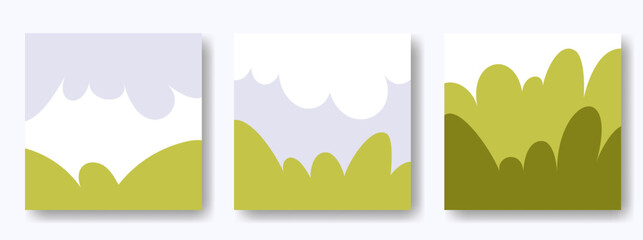 Obraz premium Square abstract spring and summer background, green blue and white colors. Blue sky, white clouds and green fields. Vector background illustration for flyers, posters, covers, banners.