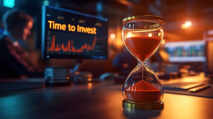 Hourglass with orange sand symbolizes urgency to invest in financial markets.