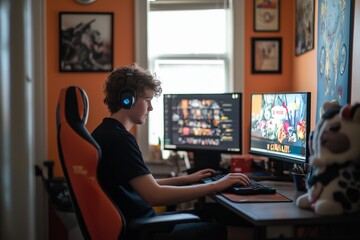 Teenager sitting at a vibrant gaming desk, clicking through an online store on their dual monitor setup, with neon lights glowing around the room