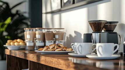 Obraz premium An elegant coffee station in the office break room with a selection of mugs and snacks for employees.