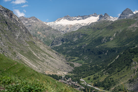 Scenic alpine landscape of Mauriene Valley near Bonneval sur Arc along the road to Col de l'Iseran, France