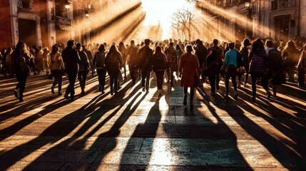 Obraz premium A crowd of diverse people walking through a sunlit street, casting long shadows.