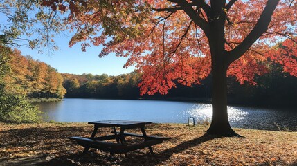 Autumn picnic by lake with vibrant foliage