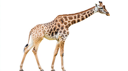 Fototapeta premium Side view full body photography shot of a giraffe isolated on white background. tall african safari wildlife animal with long neck, herbivore, standing, exotic.