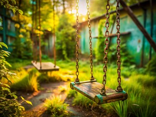 Rusty Swing Set in Abandoned Playground - Lonely Swing in Motion