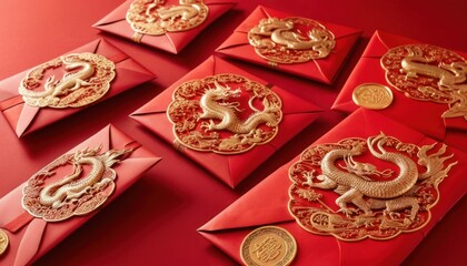 Close up of elegant red envelope on red background. Chinese new year