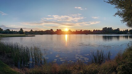 Fototapeta premium Serene Sunset over Calm Lake and Forest
