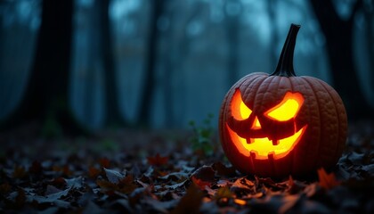 Jack-o’-lantern pumpkin glowing in the dark with autumn leaves.Halloween. Mystery. Spooky atmosphere. All Hallows' Eve celebration.Copy space, banner, Halloween decor, spooky ambiance, autumn celebra
