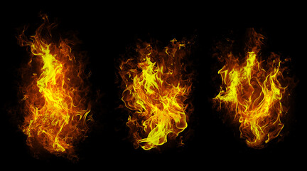 Fire flames collection isolated on black background, movement of fire flames
