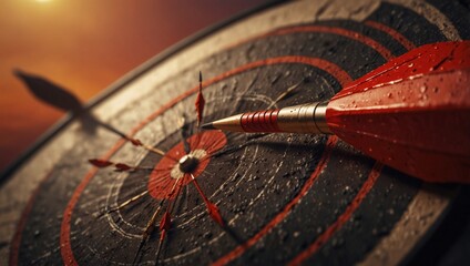 Obraz premium Dart hitting the bullseye on a wet target symbolizing precision and focus during sunset