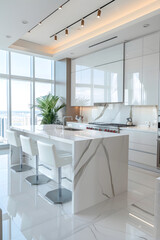 Sleek, Modern Kitchen Design with White Marble Accents and Open-Concept Floor Plan