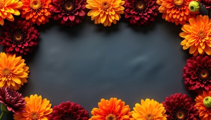 Orange, burgundy flowers frame dark background. Floral arrangement creates border. Autumn colors evoke fall season. Natural beauty of flowers. Perfect for festive occasion memorial. Flowers in bloom