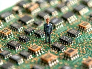 Obraz premium Miniature businessman standing on a circuit board, symbolizing technology and innovation.