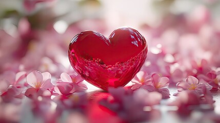 Obraz premium A vibrant red heart surrounded by delicate pink petals on a soft background.