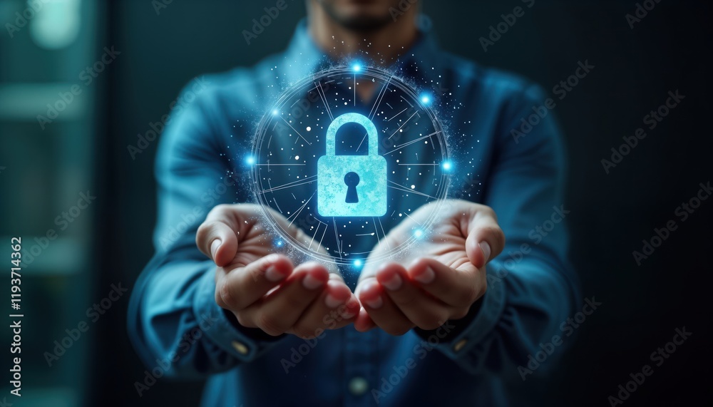 Aufkleber Person holds glowing lock icon. Digital illustration shows tech concept for cyber security, data protection. Hands cradle virtual lock. Modern tech image innovation. Futuristic data protection