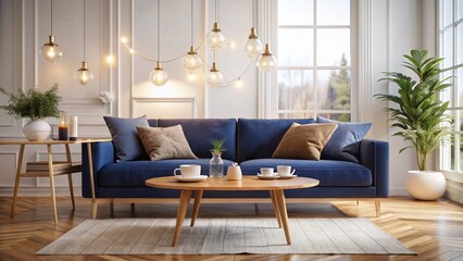 Fototapeta premium Scandinavian Chic Lounge: Navy Sofa, Marble Coffee Table, Bokeh Lighting