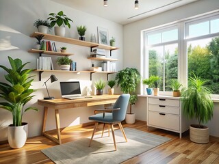 Fototapeta premium Scandinavian Home Office: Stylish Workspace with Natural Light & Air Conditioning