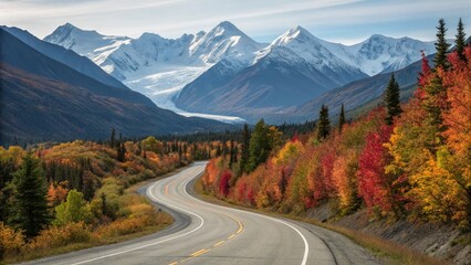 Fototapeta premium Scenic Autumn Drive on the Glenn Highway to Valdez, Alaska - Portage Glacier Road