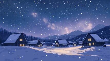 綺麗な夜の星空の見える雪原のかやぶき屋根の古民家が建つ村と雪山のイラスト