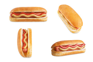 Hot dog sandwich with mustard sauce and ketchup on a white isolated background