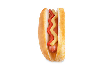 Hot dog sandwich with mustard sauce and ketchup on a white isolated background