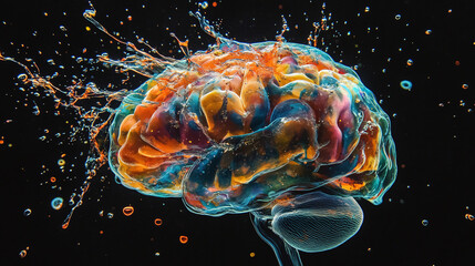 Fototapeta premium Abstract colorful watercolor human brain organ splash illustration background. creative mind concept, idea imagination or inspiration, psychology and intelligence, intellectual memory hemisphere.