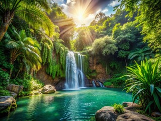 Fototapeta premium Secluded Jungle Oasis: Lush Waterfall & Tranquil Pool in Heart of Africa