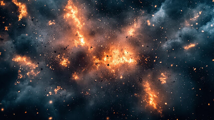 Fire explosion particles flying with black or grey dark smog cloud smoke. dust texture spray splash, ash burst motion effect wallpaper.