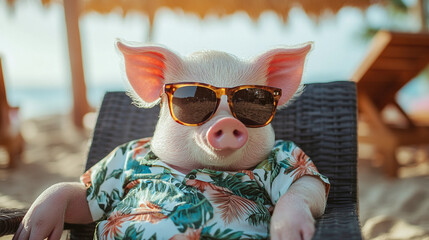Funny and cool pig wearing sunglasses and tropical shirt, relaxing on an armchair on the beach. swine animal, happy on a summer vacation or holiday, smile.