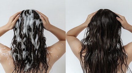 Hair before and after Woman before and after washing her hair with moisturizing shampoo on a white background. Flawless smooth hair after straightening with an iron. Collage, back view. Hair care and 