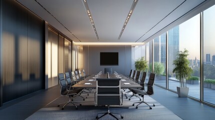 Modern conference room with large windows featuring cityscape view and office furniture