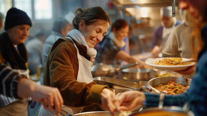 A local soup kitchen serving meals: Volunteers ladling hot soup and handing plates to smiling patrons, creating a warm and caring atmosphere.