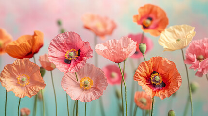 Fototapeta premium Red pink and orange poppies flowers floral illustration background. botanical blossom decoration print, spring or summer greeting or invitation card, beautiful vintage wildflowers.
