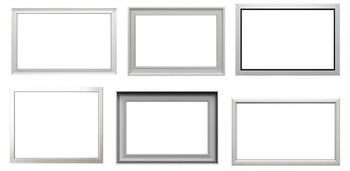set of empty frames, silver gray modern wooden frames for wall pictures and paintings showcase presentation