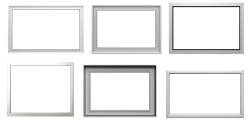 set of empty frames, silver gray modern wooden frames for wall pictures and paintings showcase presentation