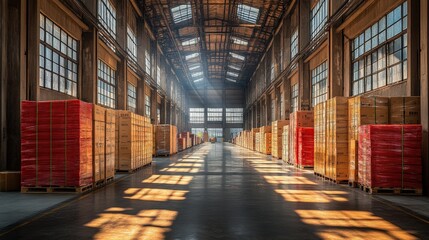 Fototapeta premium Vast Industrial Warehouse Interior with Sunlight Streaming Through Windows Highlighting Stacked Wooden Pallets on Both Sides of a Spacious Aisle