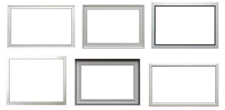 set of empty frames, silver gray modern wooden frames for wall pictures and paintings showcase presentation