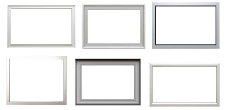 set of empty frames, silver gray modern wooden frames for wall pictures and paintings showcase presentation