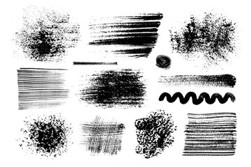 Set of texture brushes, spots, strokes of black acrylic, watercolor paint of various shapes with uneven torn discontinuous edges. Vector illustration of semi-dry wide brush, granular spots, lines.