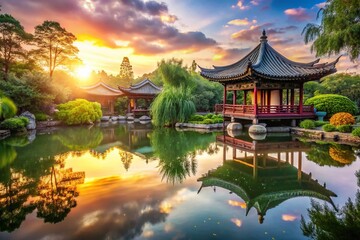 Fototapeta premium Serene Chinese Garden Pond with Bokeh, Peaceful Asian Landscape, Water Reflection, Zen Garden, Tranquil Nature