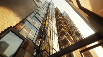 Obraz premium Low angle view of modern glass skyscraper.