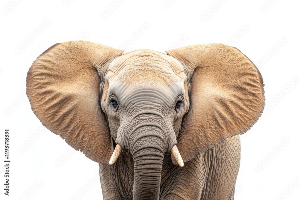 Poster majestic elephant with large ears and expressive eyes standing against a plain background. generativ