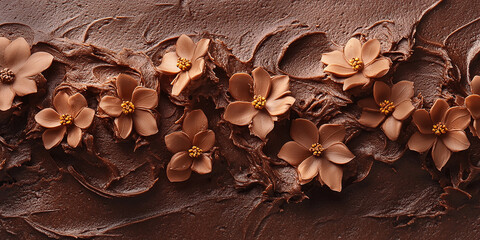 Close-up of chocolate frosting artfully decorated with handcrafted chocolate flowers, creating an elegant and rich dessert texture.