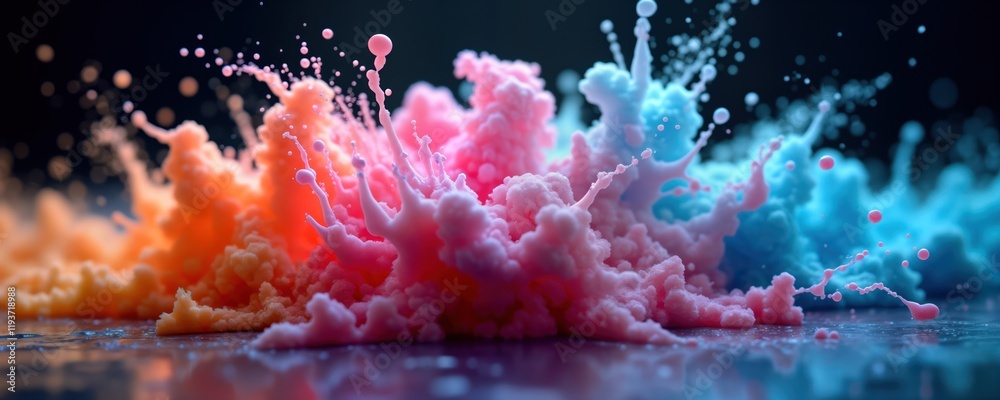 Poster Colorful ink splashes, droplets create abstract cloud-like forms on dark surface. Vibrant colors mix, blend creating artistic pattern. Abstract art illustration with vibrant colors, liquid texture.