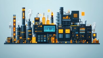Futuristic Industrial Factory with Advanced Machinery and Energy Production Processes Illustrated in Vibrant Colors Against a Simple Background