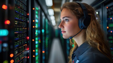Focused Technician, A female technician wearing a headset intently monitors server racks in a data center, showcasing expertise and dedication in a technological environment. 