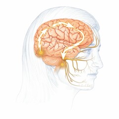 illustration of pathway of a migraine in human brain, pain center in brain stem, and trigeminal nerve